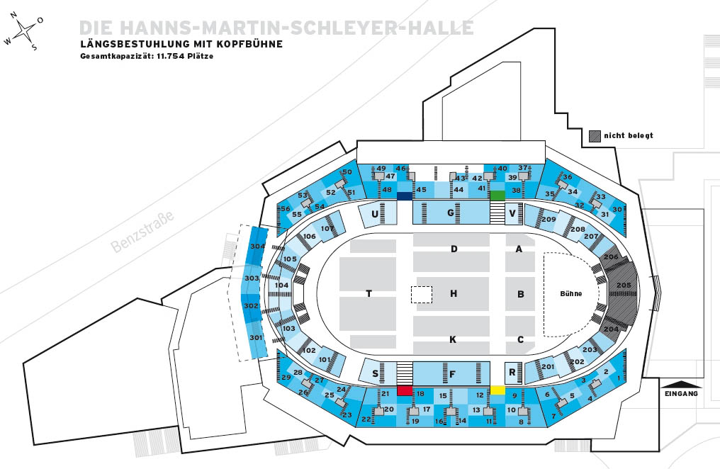 Schleyer-Halle Sitzplan Längsbestuhlung mit Kopfbühne